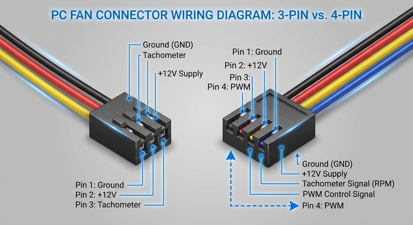 Diagram showing 3-pin and 4-pin fan connectors with labeled wires