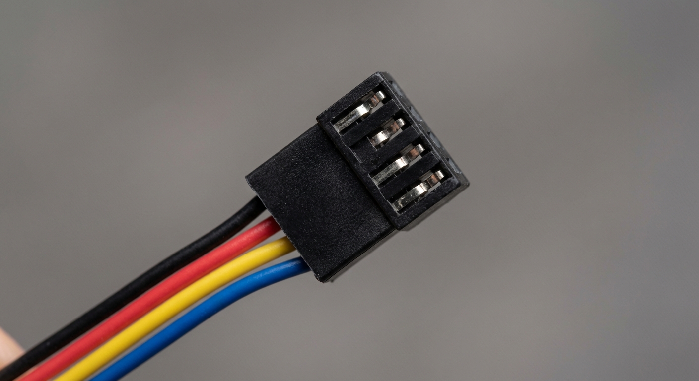 Close-up image of a 4-pin PWM PC fan connector showing color-coded wires